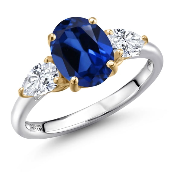Gem Stone King 925 Silver and 10K Yellow Gold Blue Created Sapphire and F - G Lab Grown Diamond Engagement Ring for Women | 3.00 Cttw | Oval 9X7MM | Gemstone September Birthstone | Size 9