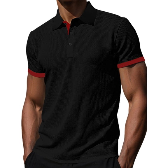 Yifymode Men's Classic Fit Short Sleeve Polo Shirt, Breathable Textured Fabric with Contrast Trim for Casual Wear Black L