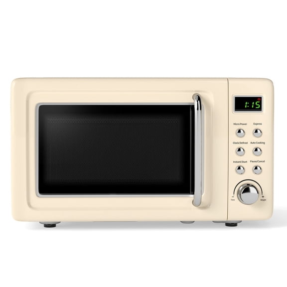 RUIE Retro Countertop Microwave Oven, 0.7 Cu.Ft 700W Compact Small Microwave with 5 Power Levels, 8 Auto Menus, Child Lock, LED Display - Cream White
