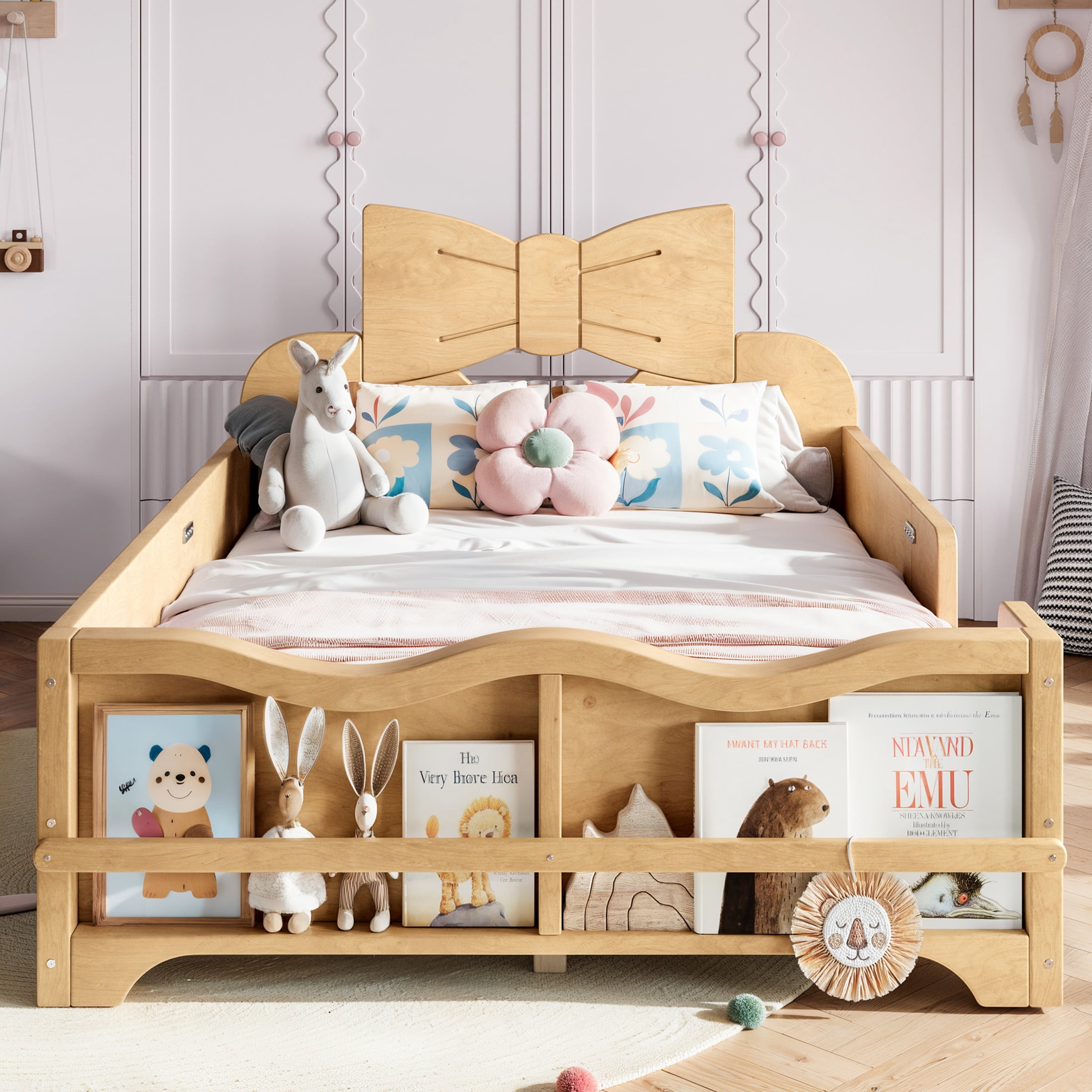 GDF Studio Twin Size Kids Platform Bed with Bowknot Headboard, Guardrails & Bookshelf, Natural