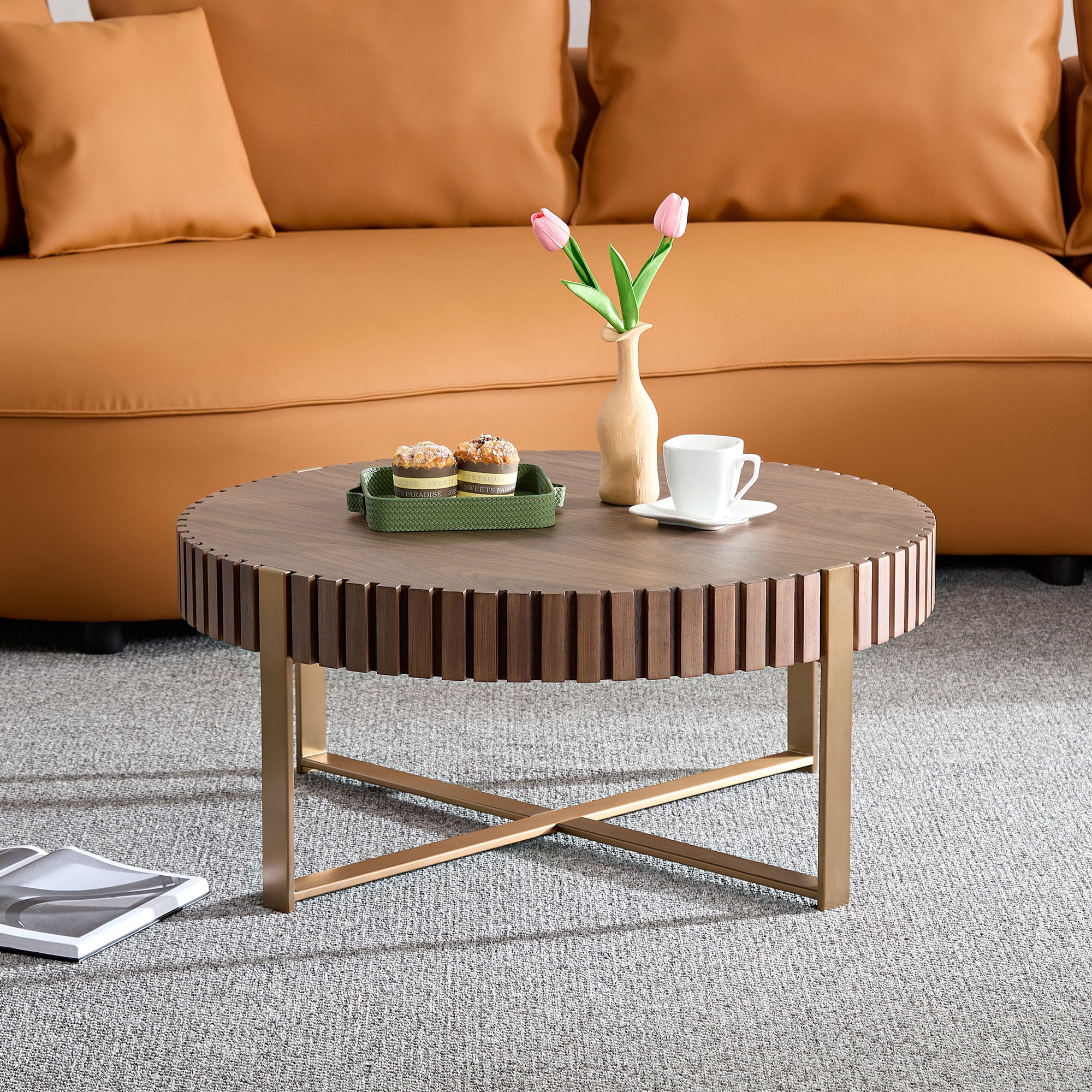 MAYEERTY 31.5 Inch Modern Handcraft Drum Coffee Table, Round Sturdy Pedestal Small Table for Living Room, Walnut