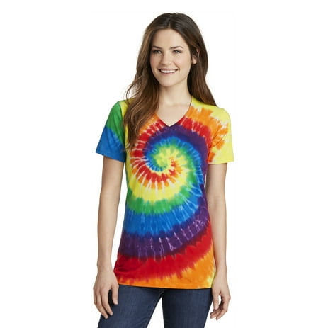 Port & Company Ladies Tie Dye V Neck Tee-S (Rainbow)