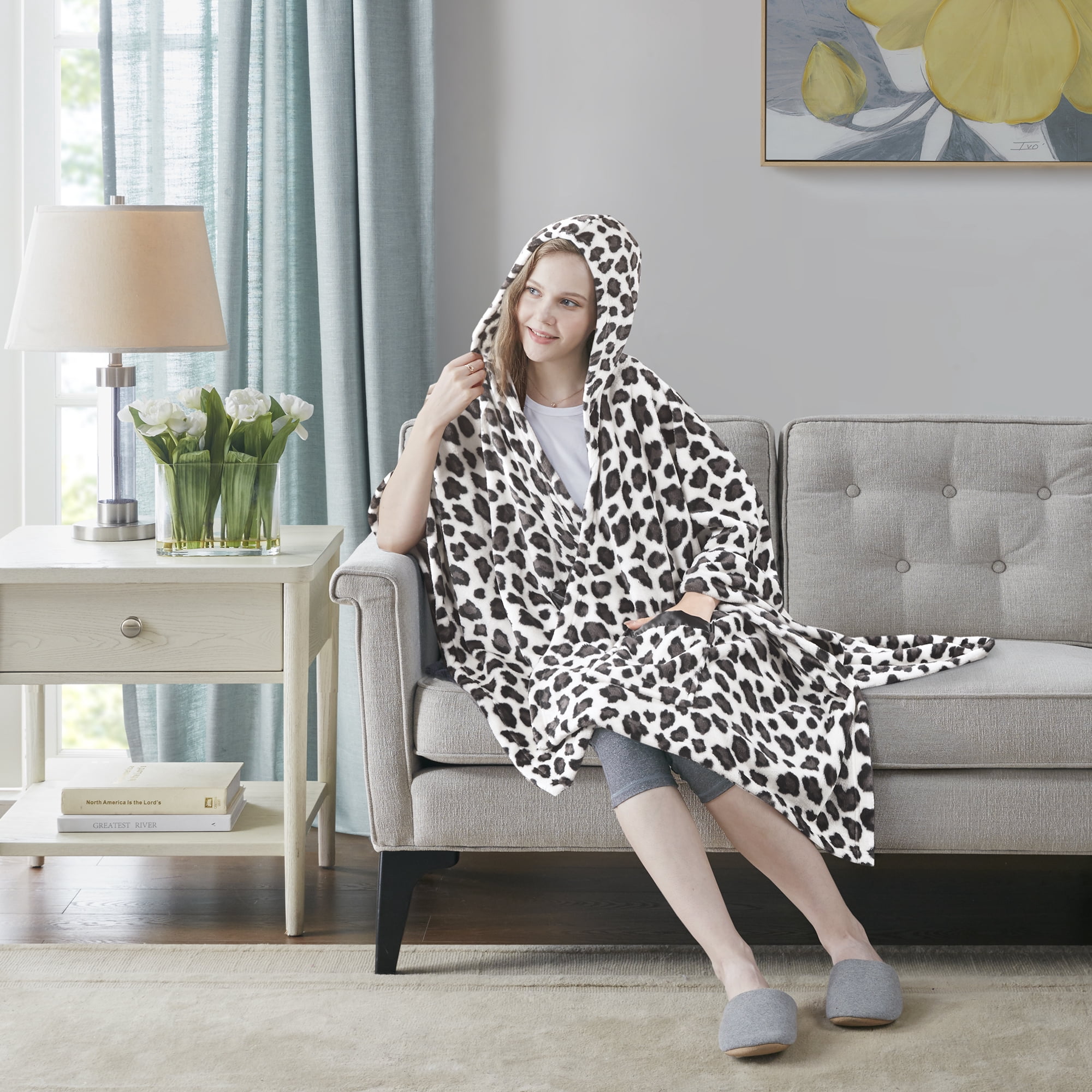 Comfort Spaces White, Gray Leopard Polyester Plush Throw, 60" x 50"