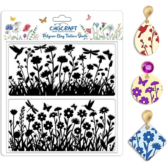 Wildflowers Silhouettes Print Pattern Clay Texture Sheet Butterflies and Hummingbirds Silicone Texture Mat DIY Tools for Polymer Clay Making Earrings Jewelry DIY Crafts 5.5 × 5.5 Inch
