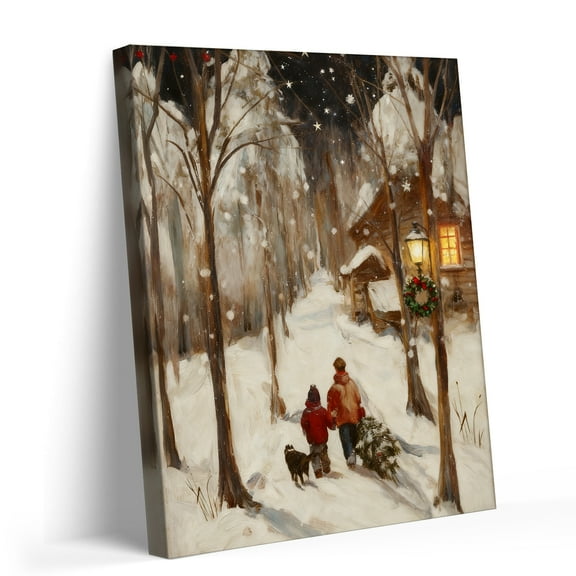 P&L Art Christmas Tree Hunting Canvas Wall Art, Festive Family & Dog Scene in Snowy Forest, Framed Canvas Print