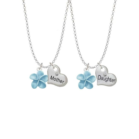Delight Jewelry Silvertone Blue Plumeria Flower Mother & Daughter Heart Necklaces (Set of 2), 19" 2"