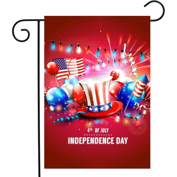 Happy 4th of July Hat Balloons American Flag Independence Day Celebration Garden Yard Flag 12"x 18" Double Sided Polyester Welcome House Flag Banners for Patio Lawn Outdoor Home Decor