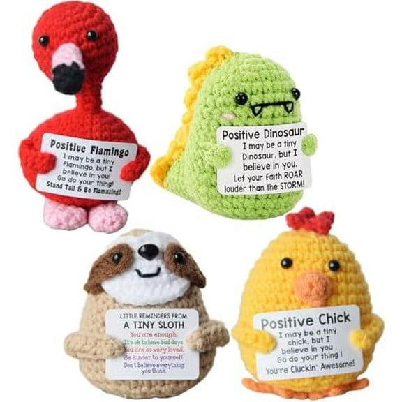 Emotional Support Crochet Nuggets – 4-Pack Positive Animals: Sloth, Flamingo, Dinosaur & Chick – Funny Handmade Gifts for Women, Mental Wellness, Cheer Up & Appreciation$$Home Decor, Kitchen, & Other