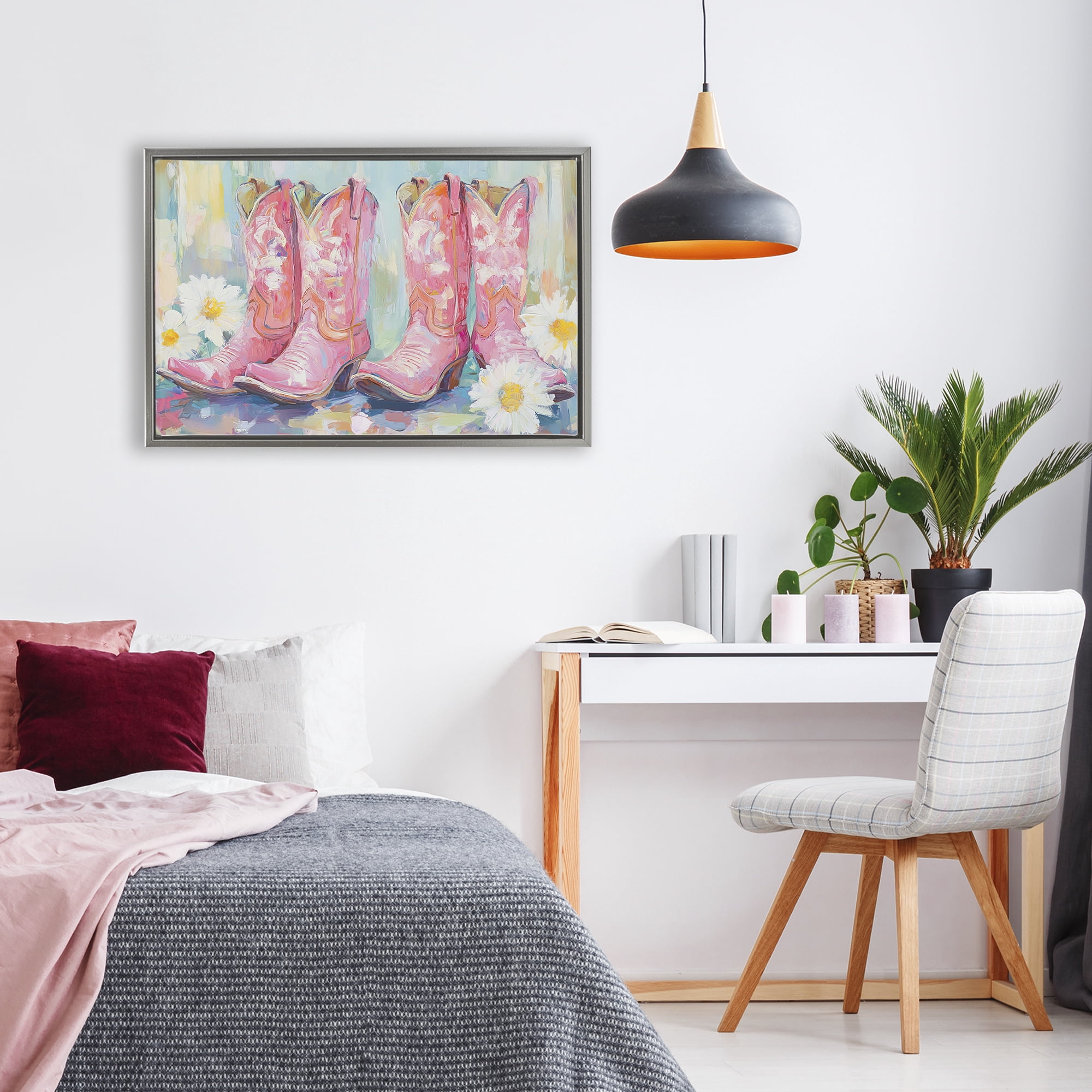 Stupell Industries Pink Cowgirl Boots Pairs Gray Framed Floater Canvas Wall Art, design by Tina LeCour