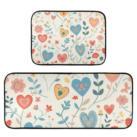 

Elegant Hearts and Flowers Pattern Rug Carpets Floor Mats Non-slip Water Absorption Set of 2 for Kitchen Bathroom Laundry