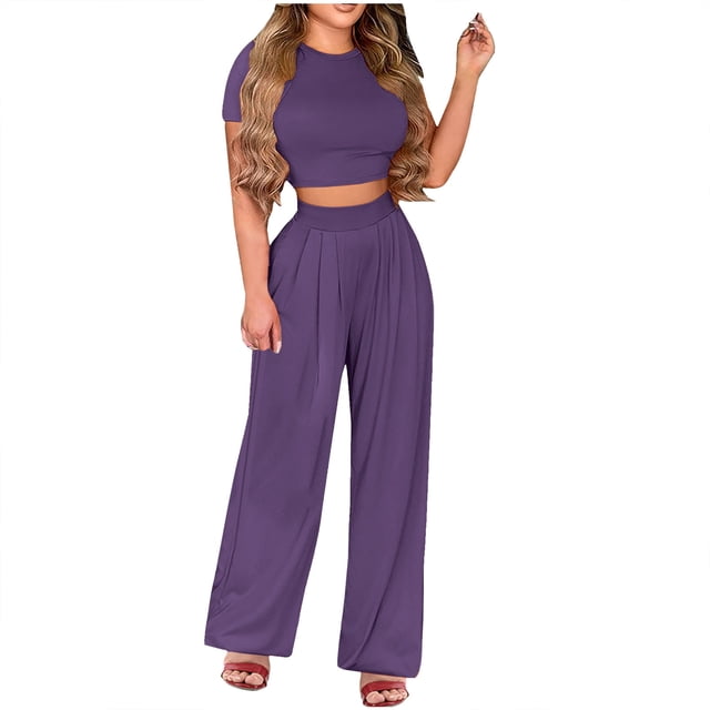 Yuyuzo Plus Size Lounge Sets for Women Short Sleeve Crop Top High Waisted Wide Leg Pants Tracksuits