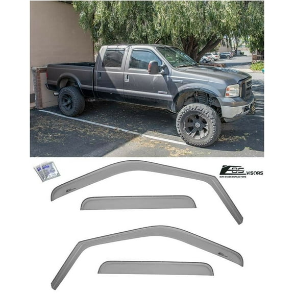 Replacement For 2009-2016 Ford F250 F350 F450 F550 Crew Cab Models | EOS Visors JDM In-Channel Style SMOKE TINTED Side Vents Window Deflectors Rain Guard DWV-V20_DWV-V21