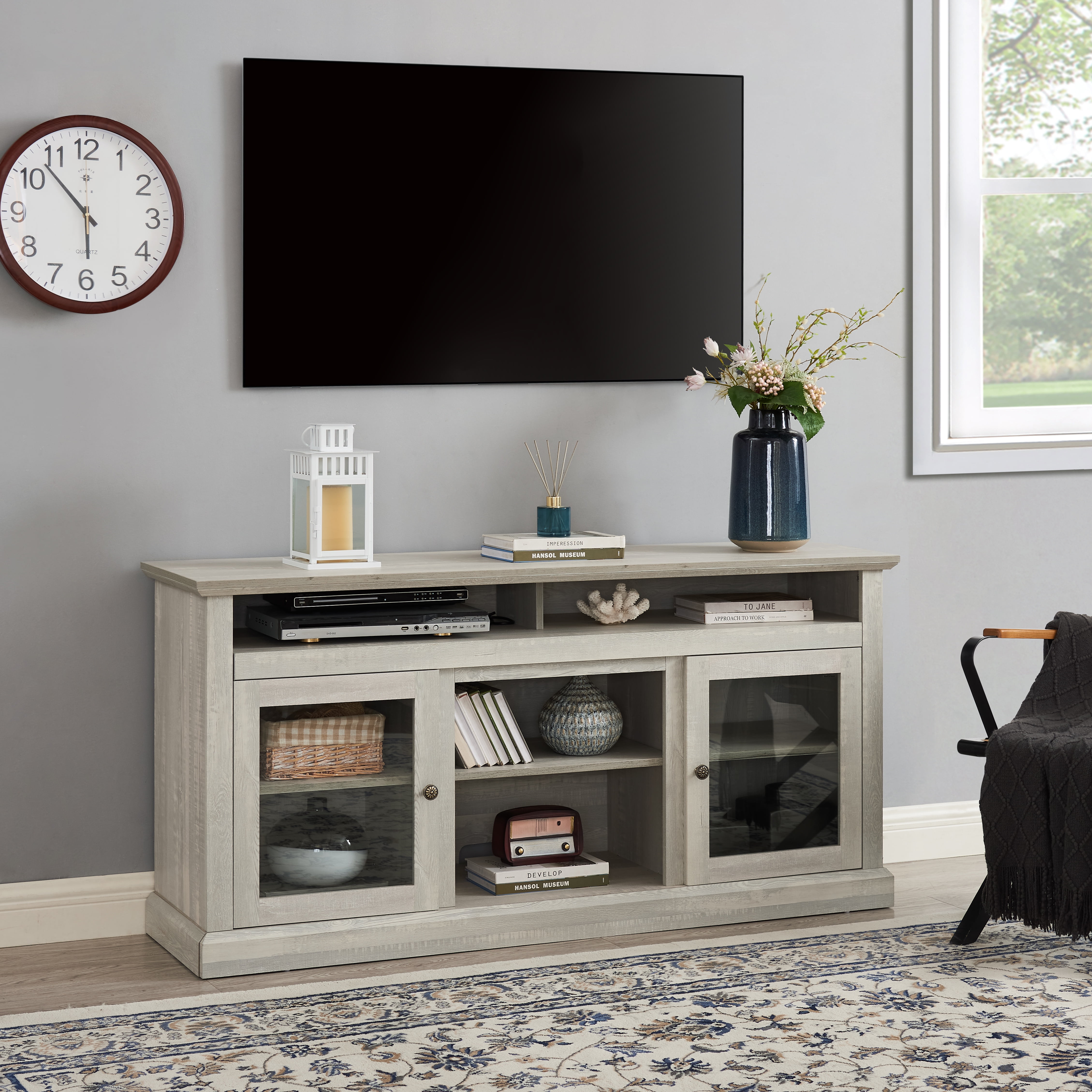 LegaHome Farmhouse TV Stand, Modern Entertainment Door TV Cabinet for 65 Inch TV, Wooden TV Console Table with Open and Closed Storage Space, Media Console Table for Living Room, Stone Gray