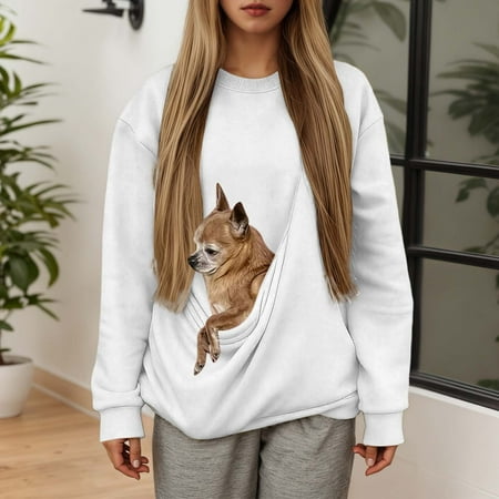Rhuody Women Crewneck Cat Pouch Sweatshirt With Pocke Fall Winter Long Sleeve Solid Color Cat Dog Pouch Hoodie Pet Pouch Sweatshirt Puppy Cat Holder Carrier Pullover Shirt Cute Shirt 3Xl White