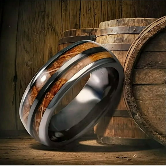 GKNET Men's Barrel Gun Gray Stainless Steel Ring Wood Grain Inlay Wooden Wedding - 9