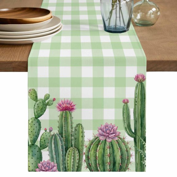 Green Cactus Tropical Table Runner 108 Inches, Sage Green Buffalo Plaid Summer Bed Runner Dresser Scarves Tabletop for Indoor Outdoor Parties/Ceremony/Banquet, 13"x 108"