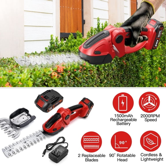 90° Cordless Hedge Trimmer, 24V Electric Hedge Trimmer Handheld Grass Cutter, Garden Tools with 2 Blades for Garden, Lawn