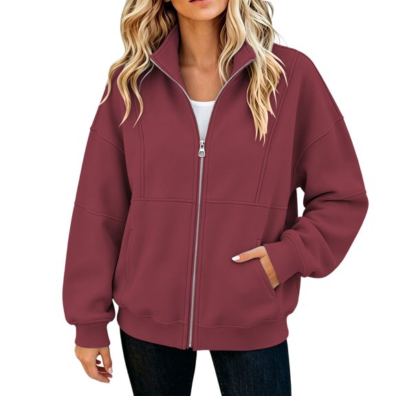 IUYRTFE Women's Zip Up Fleece Jacket Long Sleeve Casual Relaxed Fit Collarless Coat with Pockets for Fall and Winter