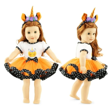Emily Rose 18 Inch Doll Clothes | 18" Doll 3 Piece Halloween Unicorn Doll Outfit, Includes Unicorn Doll Headband| Gift Boxed! | Doll Clothes for Journey Girl Dolls