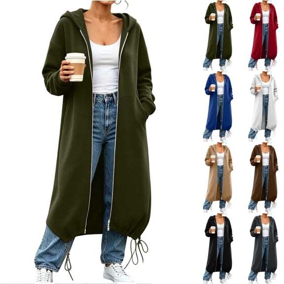 Women's Long Sleeve Zip Up Hoodie, Drawstring Hem Loose Hooded Sweatshirt Coat with Pockets,Army Green,Women's Plus Size L