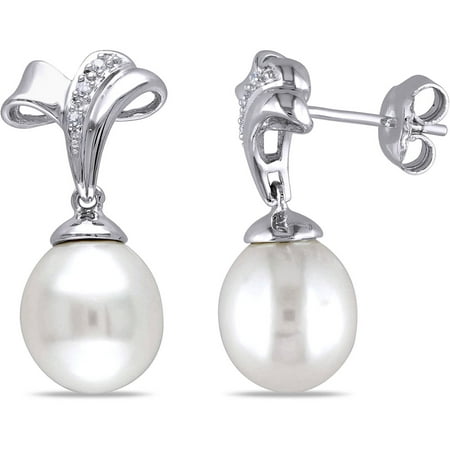 Miabella 9.5-10mm White Rice Cultured Freshwater Pearl and Diamond-Accent Sterling Silver Dangle Earrings
