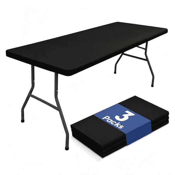 AUQ Rectangle Table Cloth Cover Black Elastic Fitted Tablecloth|3 Packs Water-Resistant Polyester Tablecloth Fits 30" X 72" Folding Tables,Washable Table Protector for Camping,Outdoor