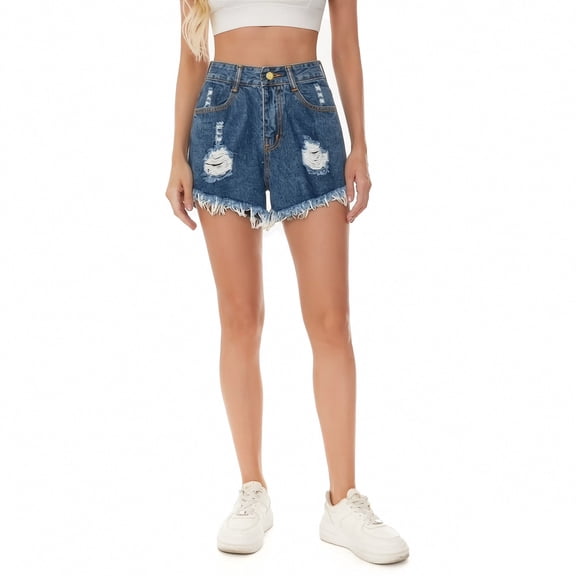 Binmer Women’s High-Waisted Ripped Denim Shorts, Womens and Women's Dark Blue,Size S-5XL