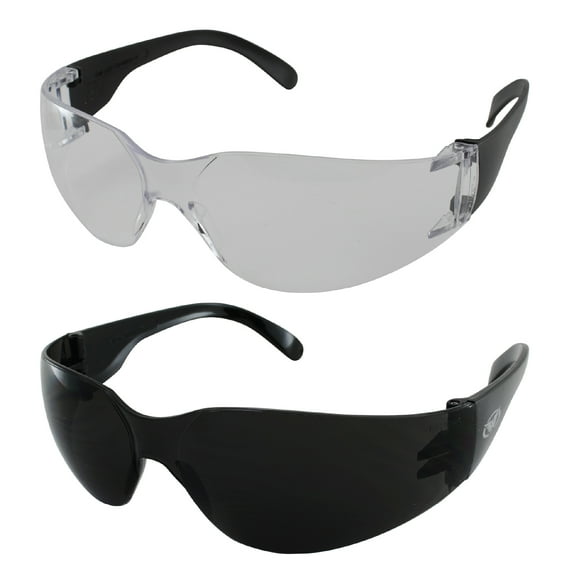 Two Pairs of Global Vision Rider Safety Motorcycle Riding Sunglasses Black Frames One Pair Clear Lens and One Pair Super Dark Lens with Microfiber Bags ANSI Z87.1
