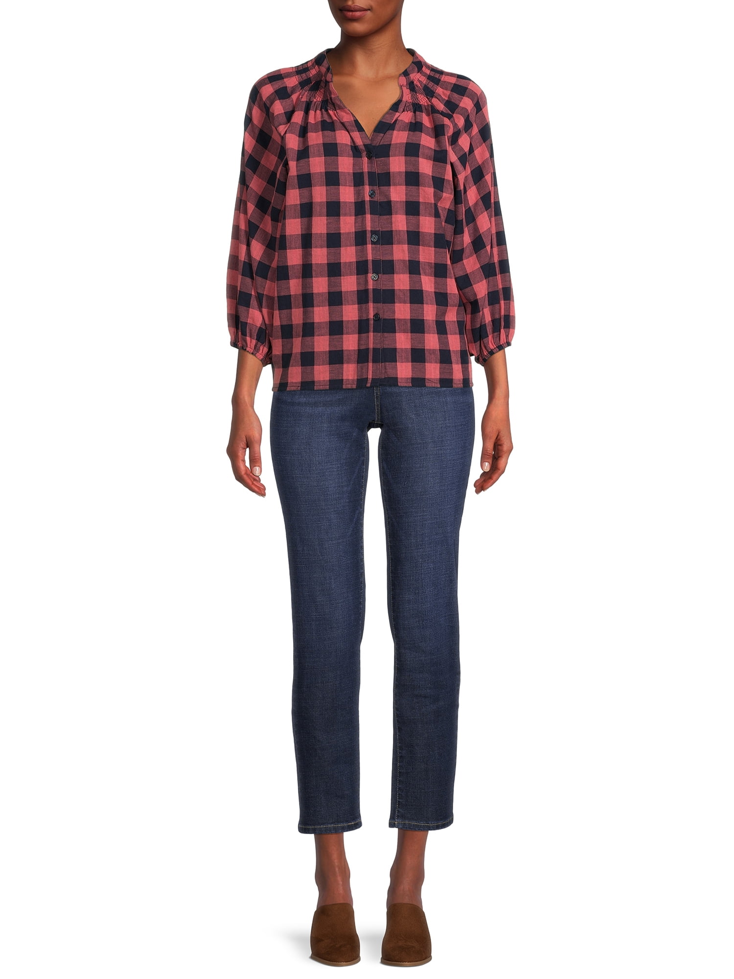Time and Tru Women's Button Down Top with Puff Sleeves