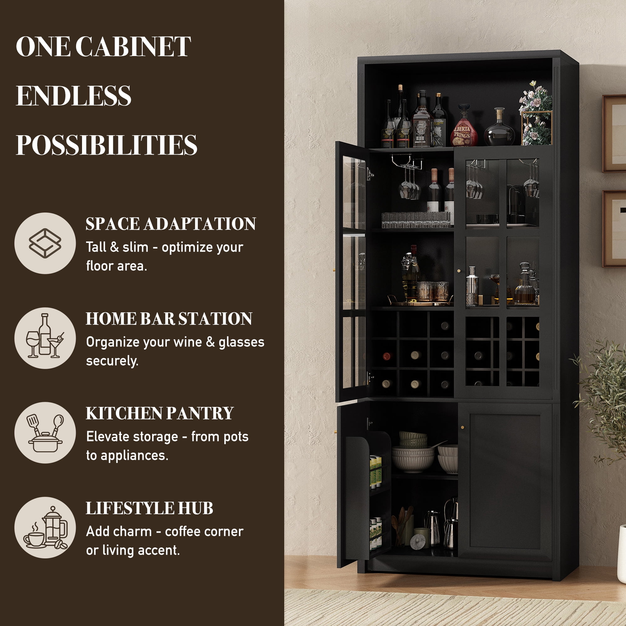 Euroco 78.7" Tall Modern Wine Bar Cabinet with Glass Doors,Coffee Bar Cabinet with 18 Wine Racks, Stemware Rack,Door Storage Shelves & Adjustable Shelves for Kitchen Dining Room,Black