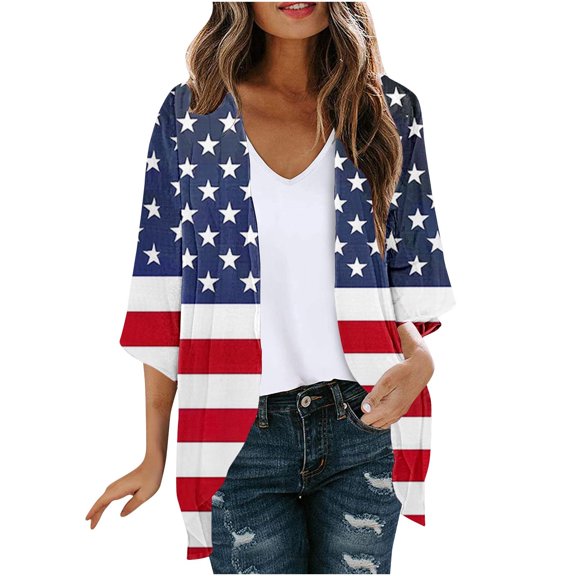 ZQUUVOU July 4Th Shirts Women's Cardigan Printed Long Sleeved Tops (Multicolor,L)