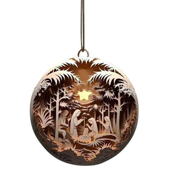 Leodye 1Pcs Nativity Scene Ornaments Religious Christmas Wooden Hanging Ornament the Birth of Jesus Christian Christmas Decorations for Tree Xmas-2.9in