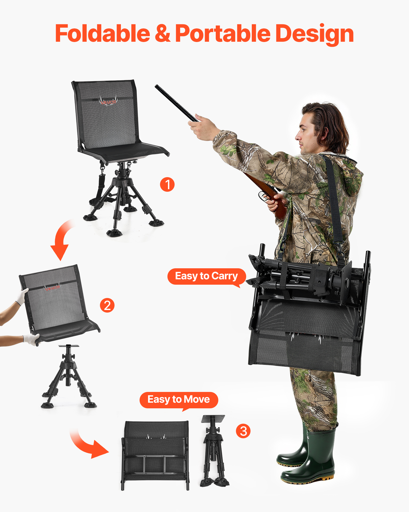 VEVOR Hunting Chair, 360° Silent Swivel, Foldable Portable Blind Chair, Heavy-Duty Steel Frame Ground Stool Seat with Anti-Sink Swivel Feet, Height Adjustable, 350 Lbs Capacity for Fishing Camping