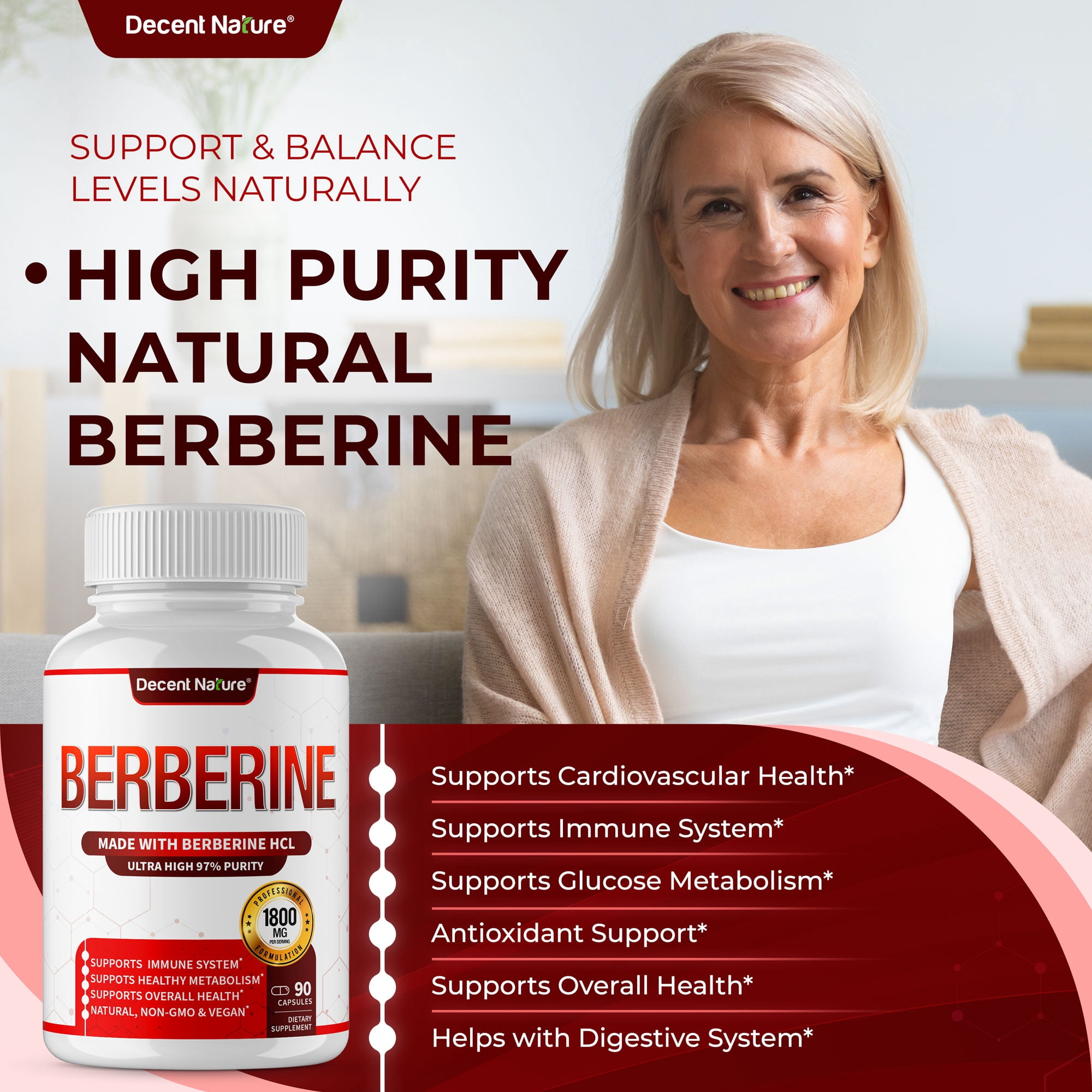 Decent Nature Berberine Supplement 1800mg Berberine HCl 97% Purity 90 Capsules