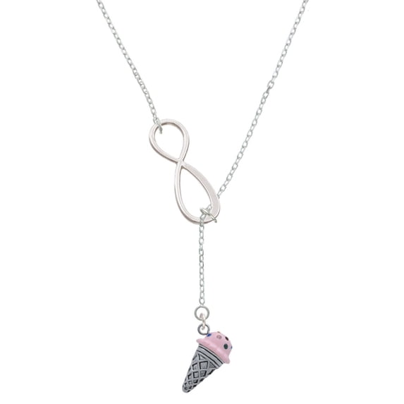 Delight Jewelry Silvertone 3-D Resin Strawberry Ice Cream Cone with Crystals Silver tone Elegant Infinity Lariat Necklace
