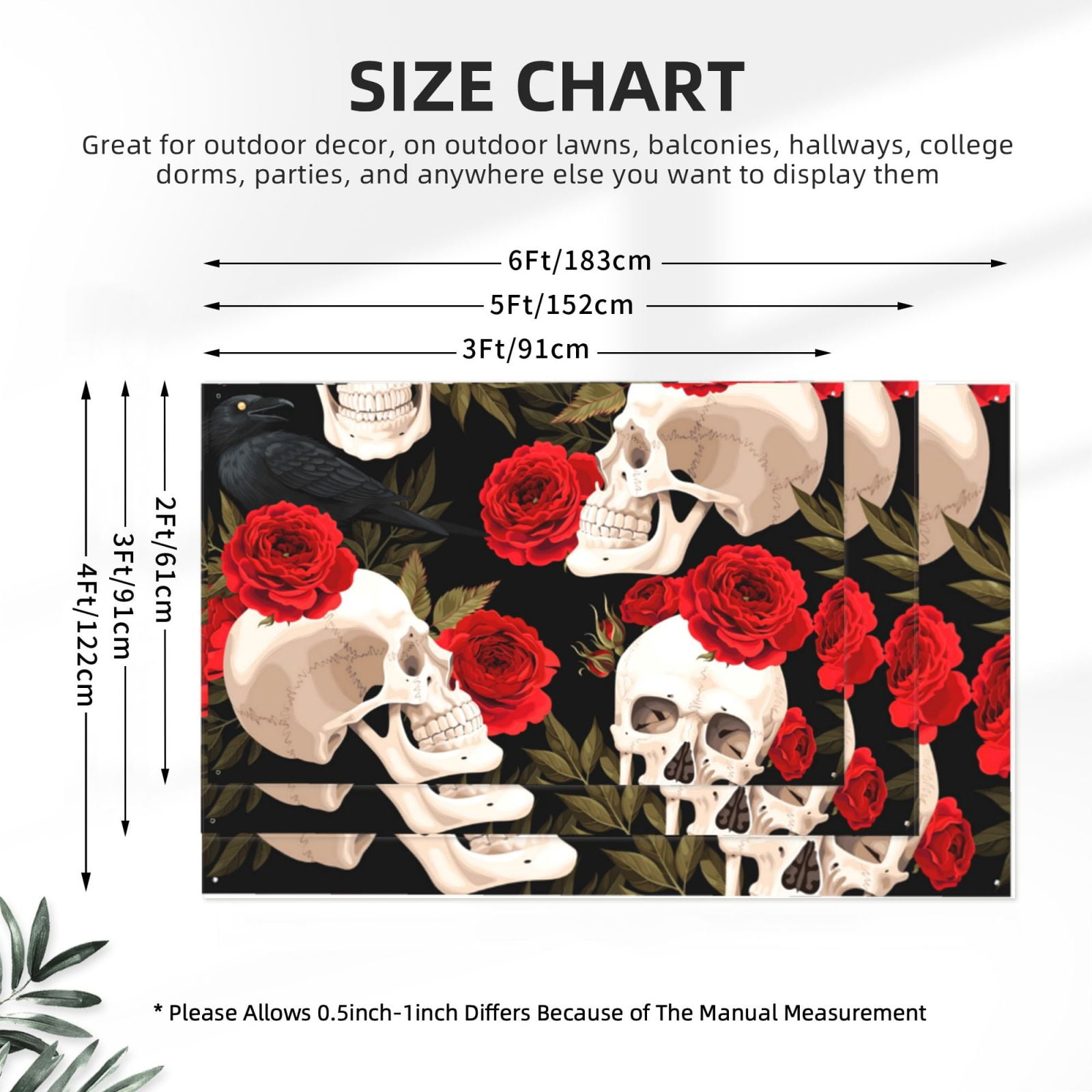 Skulls Red Roses Raven Four Hole Decorated Banner Flag for Garden Yard Home Decoration Indoor Outdoor 4x6 Ft