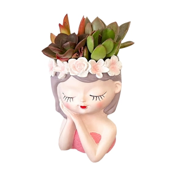 Cute Girl Head Succulent Planter Creative Flower Pot Figurine Decorative Plant Holder for Home Office Desk
