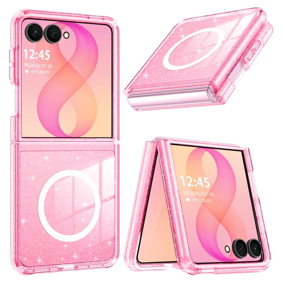BENTOBEN Samsung Z Flip 8 6.9" , Magnetic Clear Glitter Cover, Mag-Safe Compatible, Crystals and Camera Protector, Sparkly Protective Case for Samsung Z Flip 8, Clear Glitter