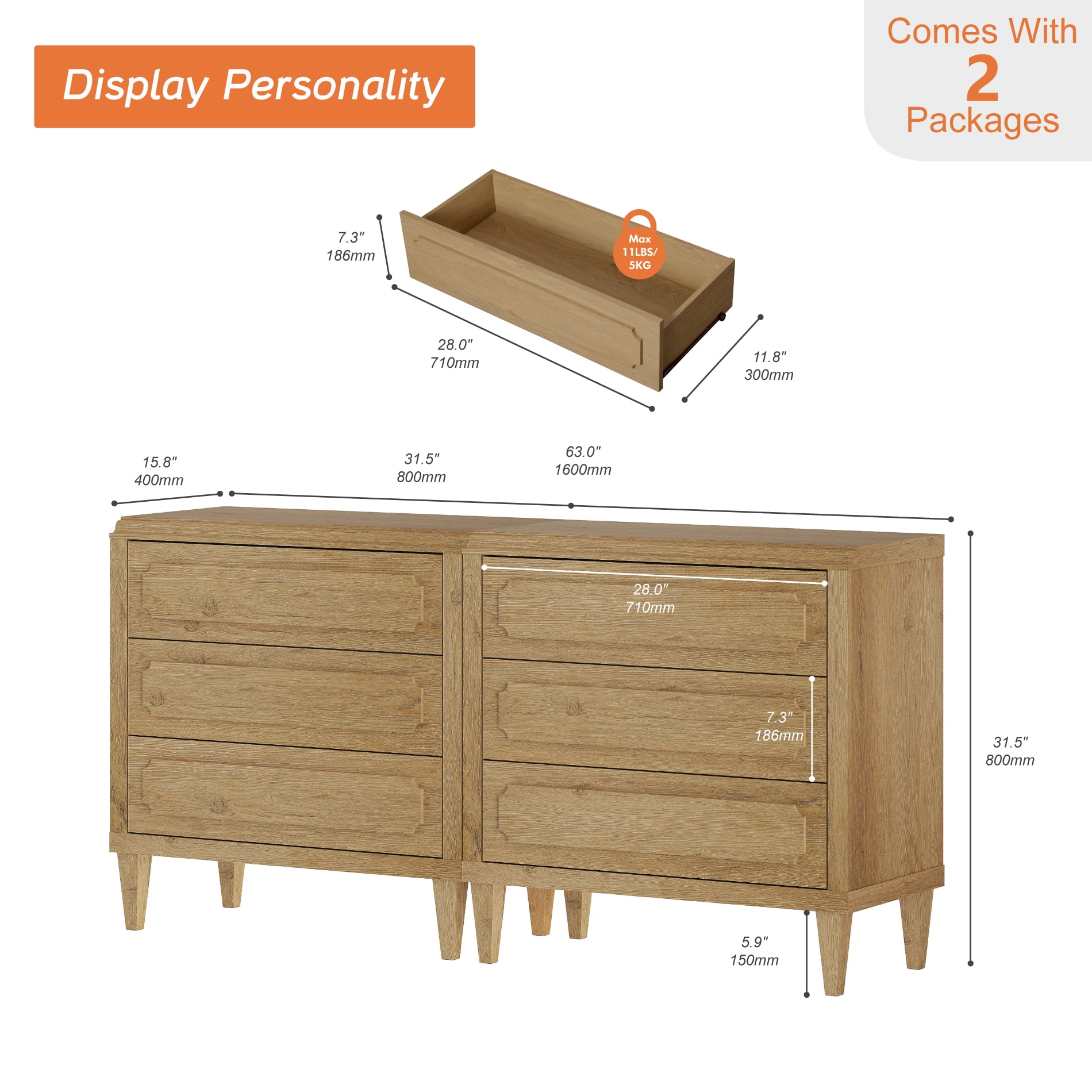 63" Oak Buffet Cabinet with Embossed Drawers, Modern Sideboard with Storage,Oak