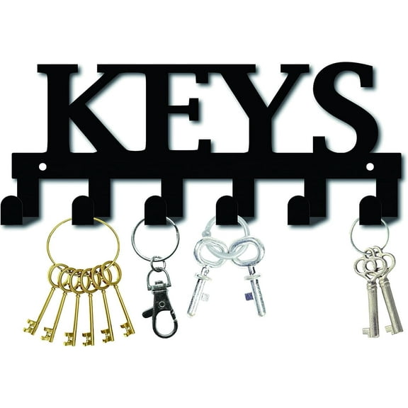 Metal Key Holder Black Key Hooks Wall Mount Hanger Decor Iron Hanging Organizer Decorative with 6 Hooks Keys Letter Pattern for Front Door Entryway Cabinet Towel 10.6 x 4.3 x 1.5 inches