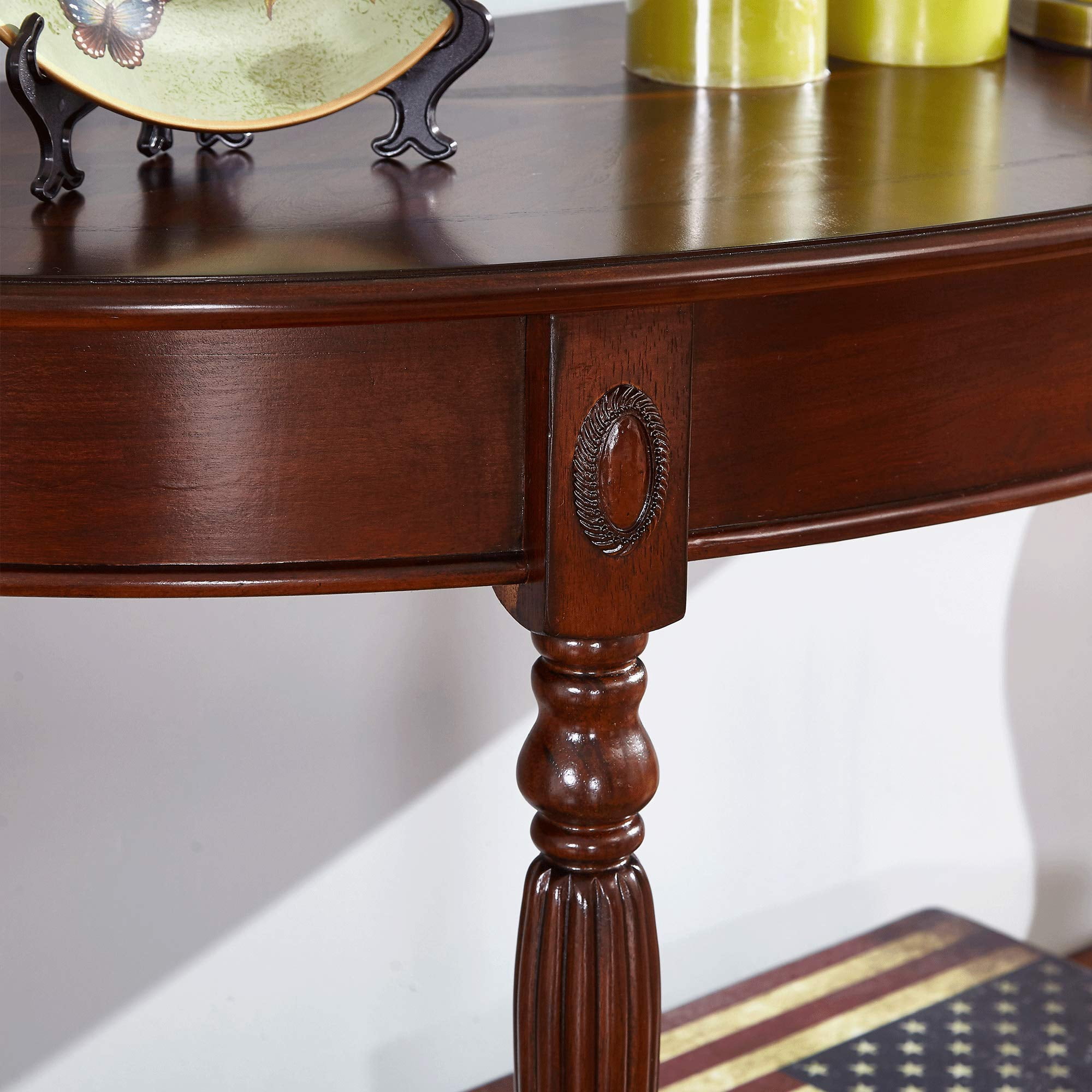 JESONVID Solid Wood Oval Console Table with Storage Shelf, Traditional Vintage Semi-Circle Entryway Table Polished Edging Half-Moon Narrow Table for Living Room Hallway, Cherry Walnut without Drawer