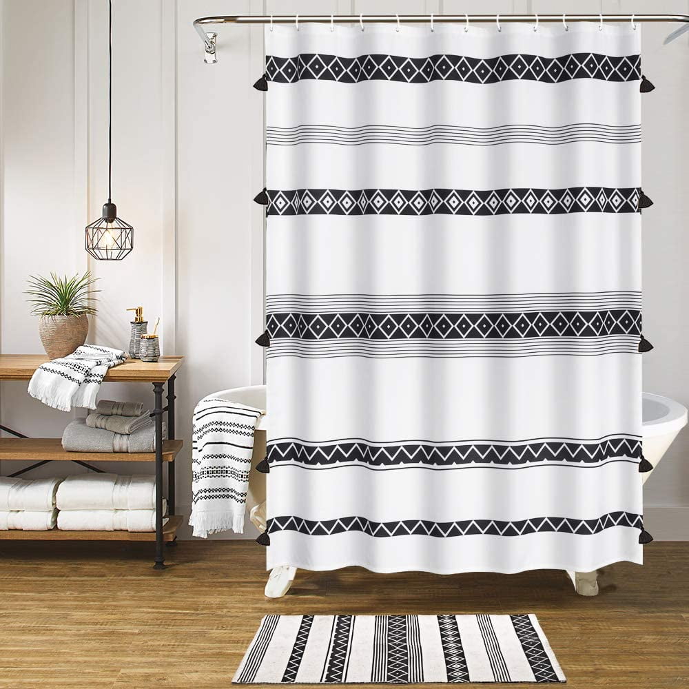 Tassel Boho Shower Curtain Black White Fabric Shower Curtains