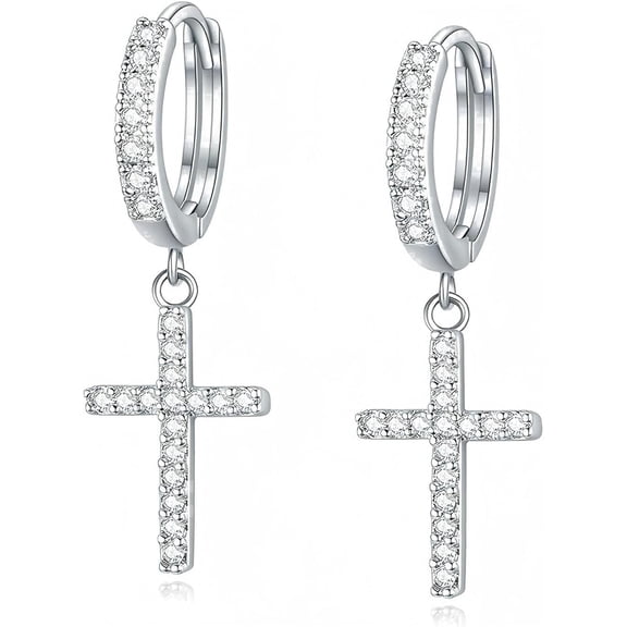 SUETOR Silver Plated Cross Hoop Earrings for Women, CZ Huggie Dangle Earrings, Hypoallergenic Lightweight Faith Jewelry Gift