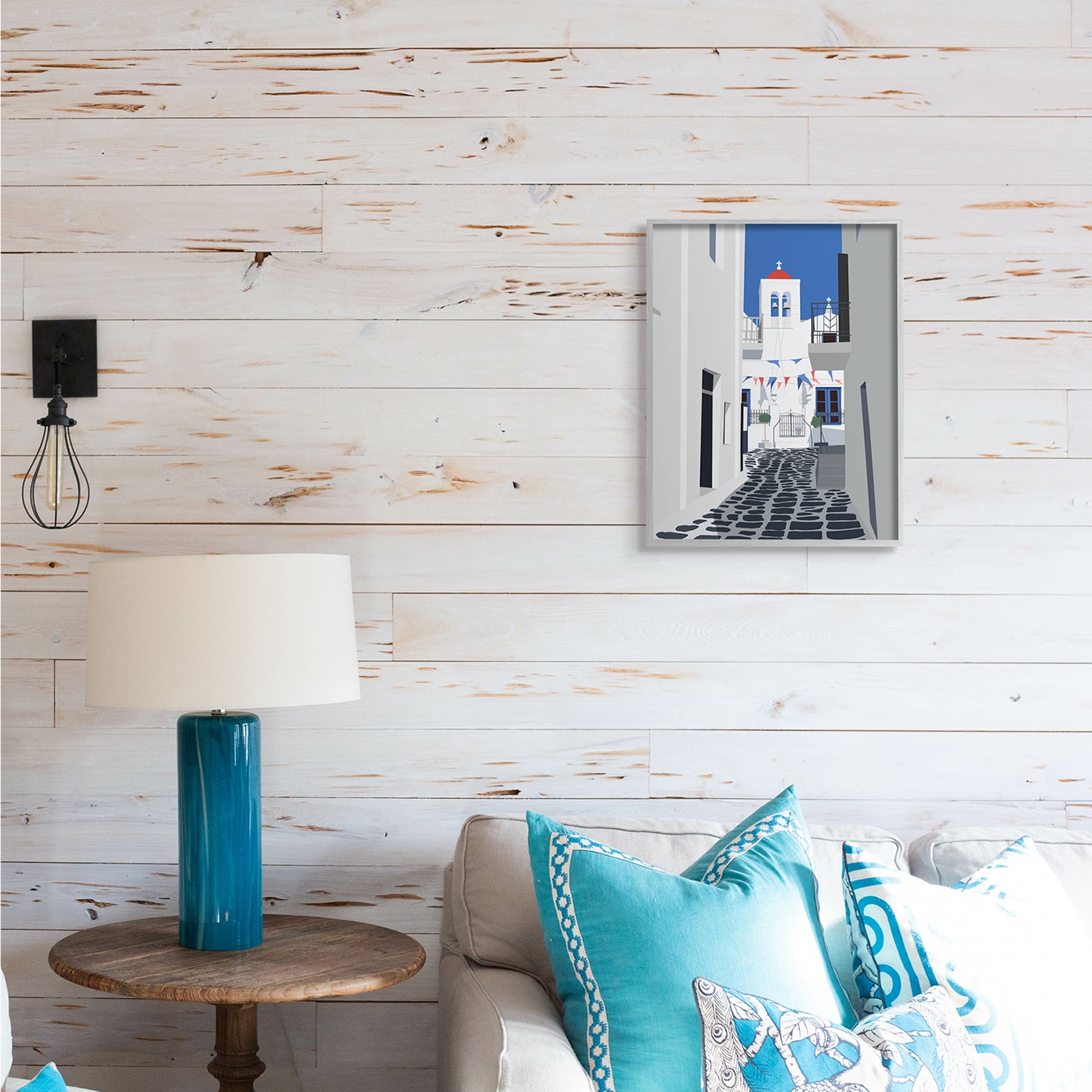 Stupell Industries European Coastal City Street White Blue Architecture Abstract Painting Gray Framed Art Print Wall Art, 16 x 20