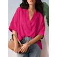 thumbnail image 4 of Women Dressy Casual Blouse Business Short Sleeve Collared Tops Placket V Neck Work Shirt Deep pink S, 4 of 8