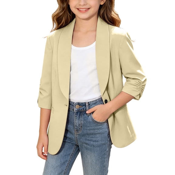 Zpanxa Blazer for Girls Lapel Open Front Blazer Coat with Mock Neck, 3/4 Sleeve & Secure Button Closure 12-13 Years