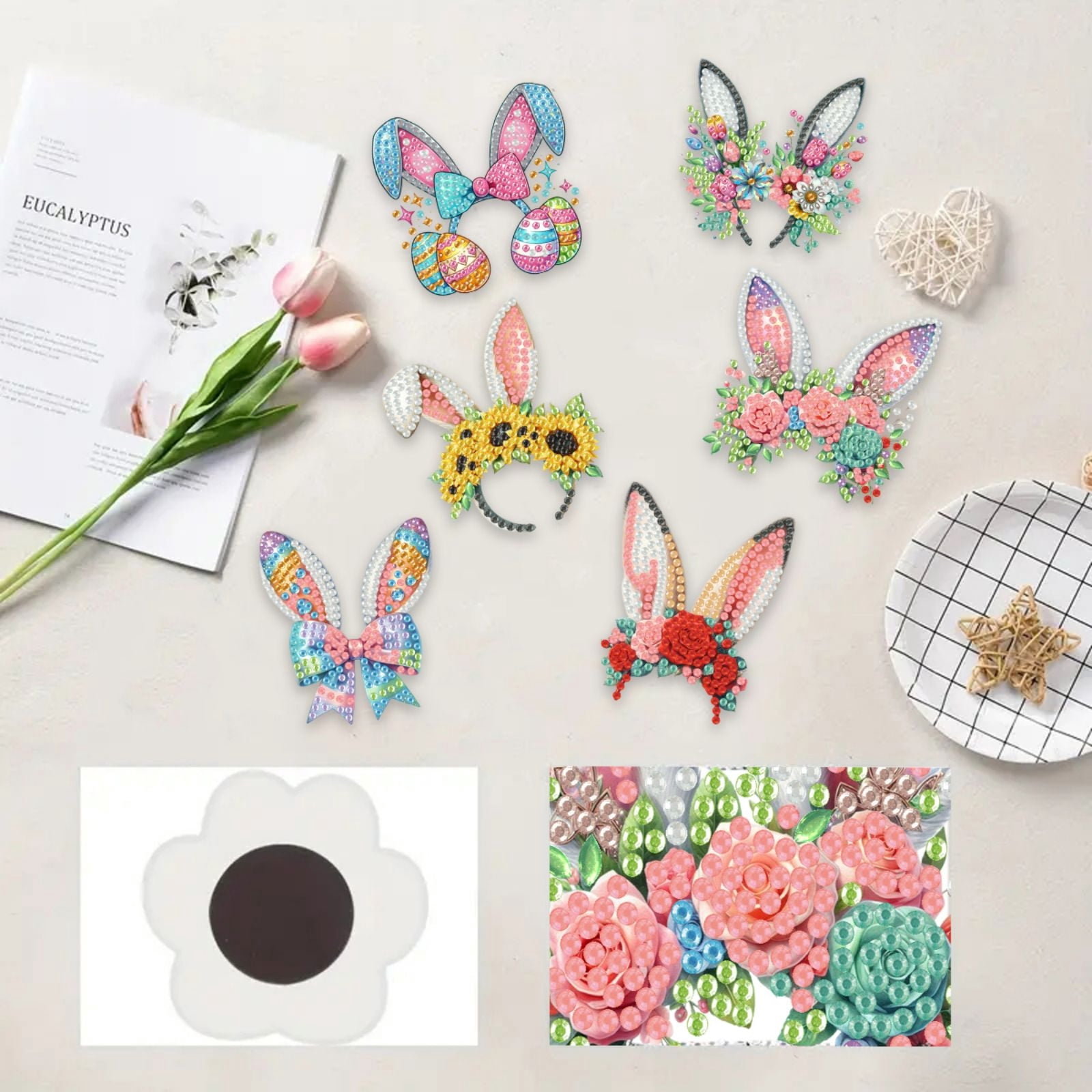 FLOPESN 6Pcs Holiday DIY Diamond Art Painting Refrigerator Magnet,Creative Design Easter St. Patrick's Day Acrylic Home Decors-Headband