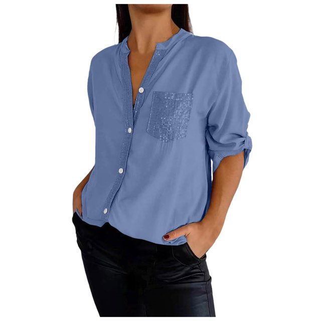 Top informal de mujer con cuello en V y lentejuelas y manga media - Blusa brillante de manga corta - Poliéster, corte holgado - S-XXXXXL