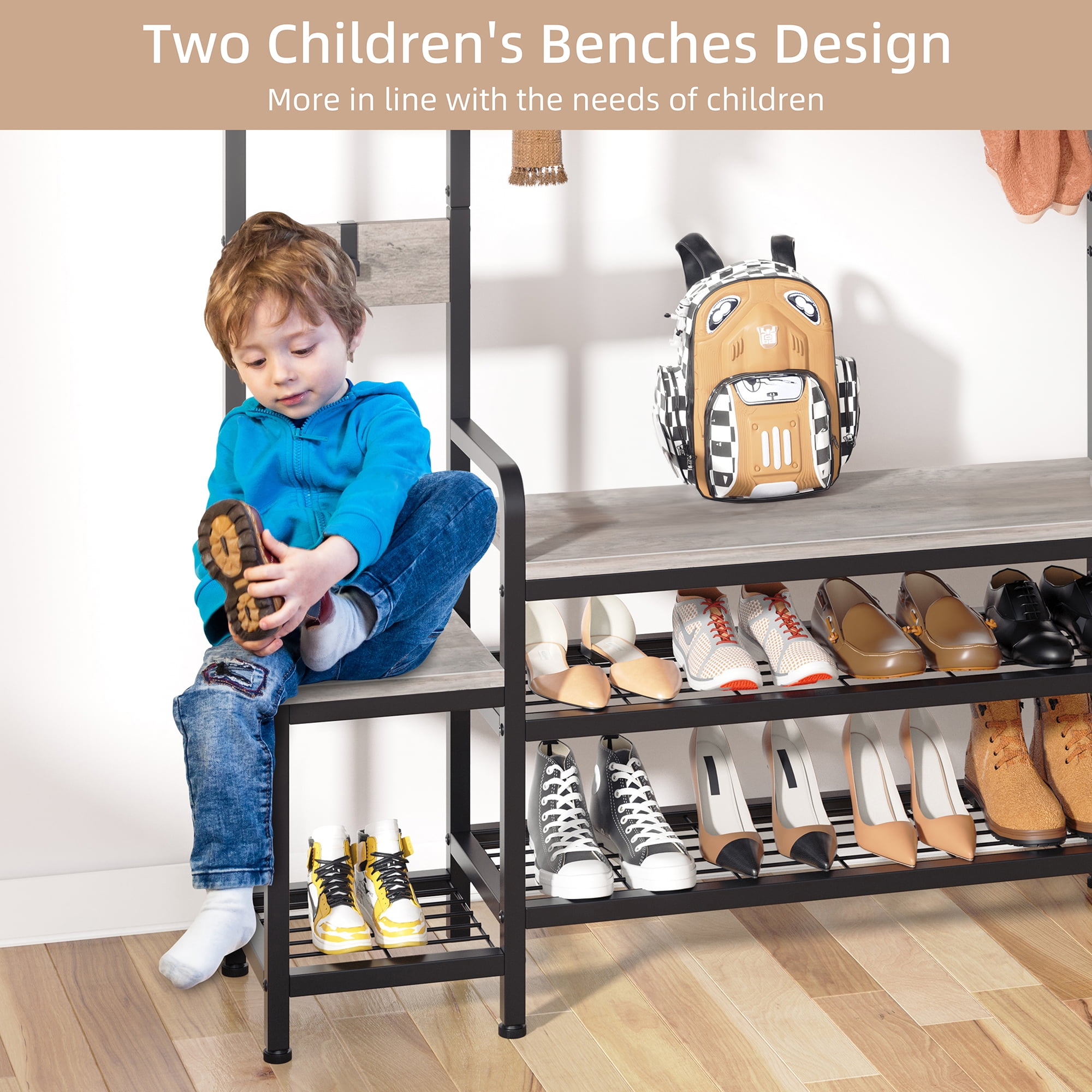 Walsunny 4 in 1 Metal Entryway Hall Tree with Shoe Storage and Coat Hooks Bench and Organizer Rustic Brown Walmart