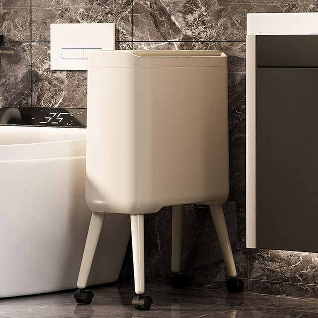 Bote de Basura para Baño con Tapa Abatible Y Ruedas Cubo de Basura Estrecho para Espacios Pequeños Papelera Plástica con Recipiente Extraíble Cesta Fl Amarillo cremoso